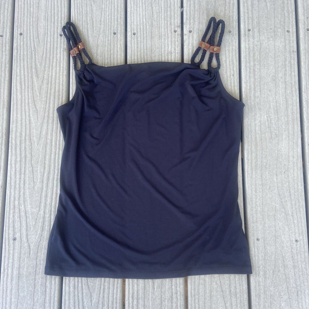Michael Kors Black Cowl Neck Tank Top L Braided Straps Faux Leather Trim NWT